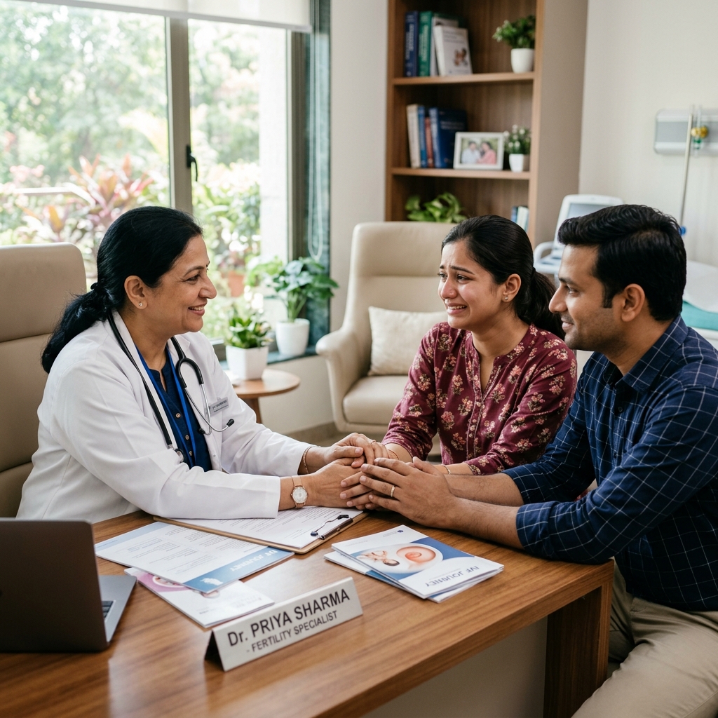Fertility doctor consulting with a couple at Women Pride Care
